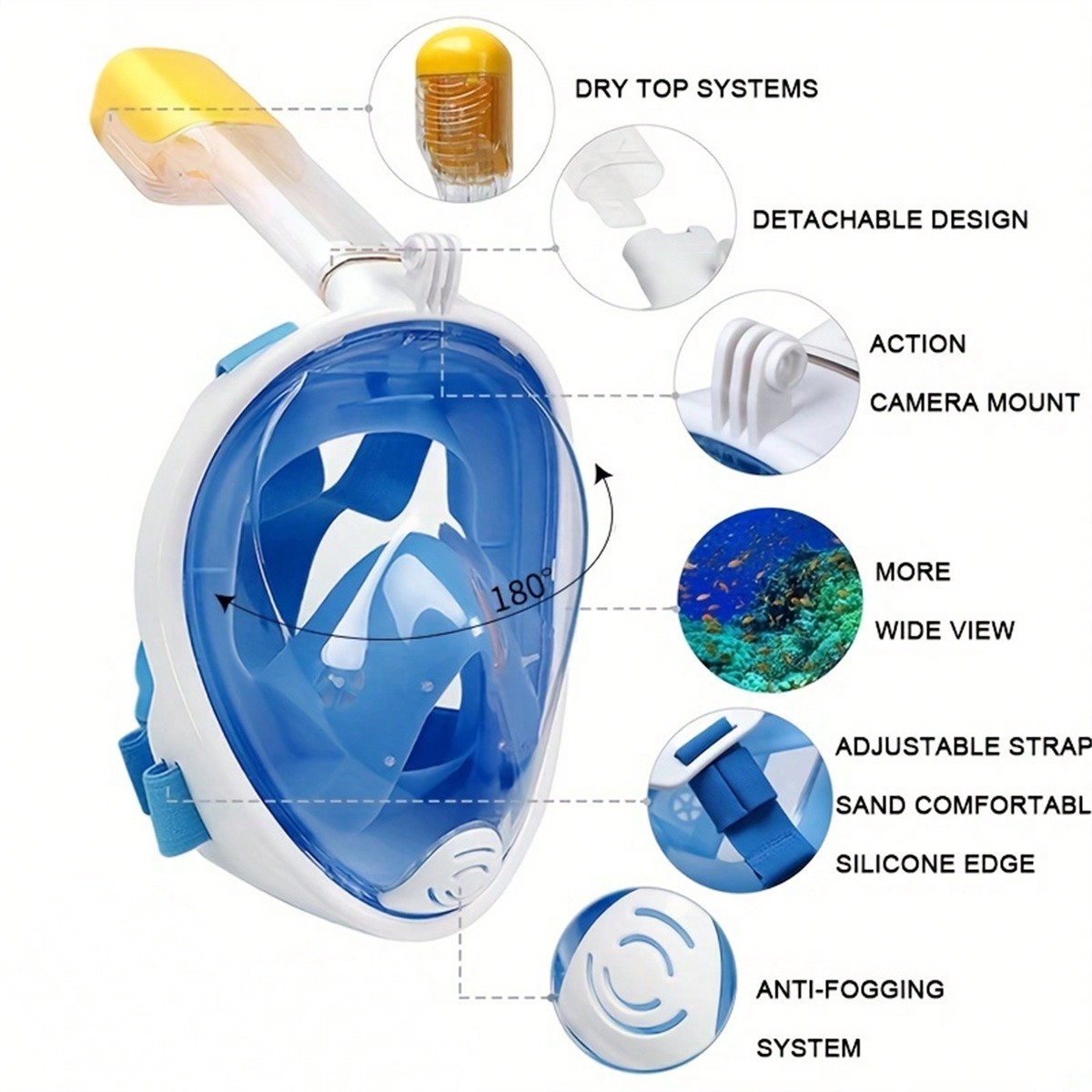 Freediving Mask Set - 1 個の青い特大ダイビングマスク、水泳ゴーグル、大人用シュノーケリングマスクセット