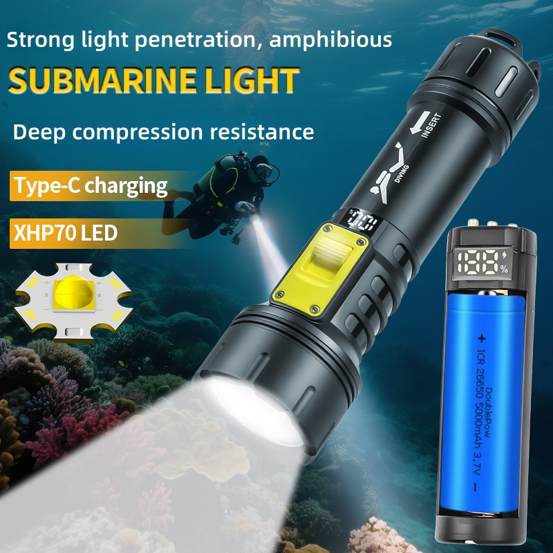 Underwater Flashlight - 新しい XHP70 ダイビング懐中電灯 IPX8 防水デジタル充電ケースデュアルユース水中陸高輝度懐中電灯