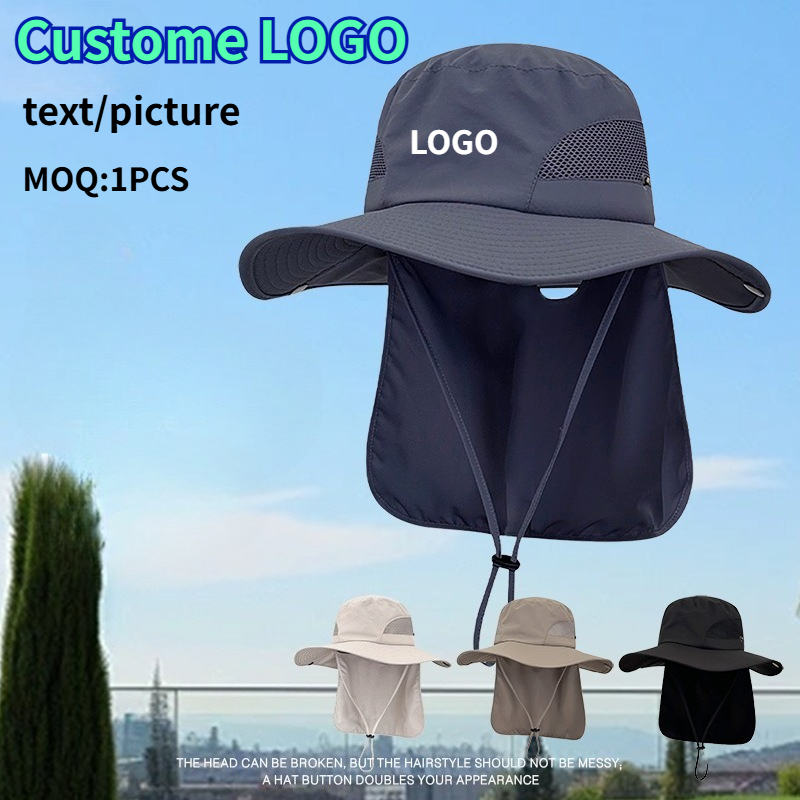 Aquatic Sports Hat - カスタムプリントロゴ入りサマーサンシェード防水フィッシングキャップ アウトドアスポーツ登山サイクリング用 大きなつば付きショールバケットハット