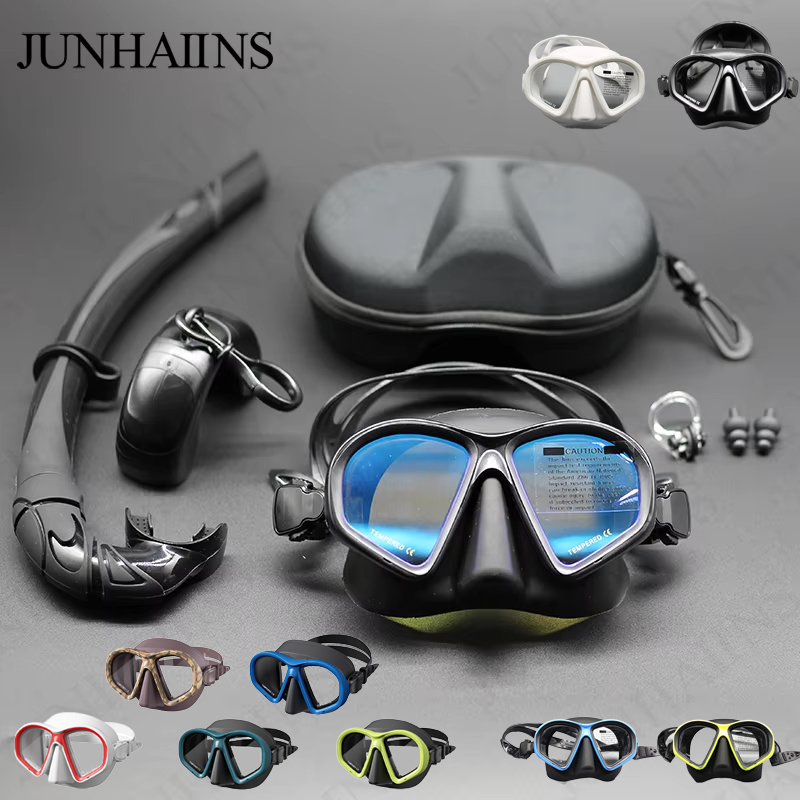 Freediving Mask Set - JUNHAIINS NEW 強化ガラス製フリーダイビングマスク シュノーケリングセット 折りたたみ式シュノーケル Jタイプ