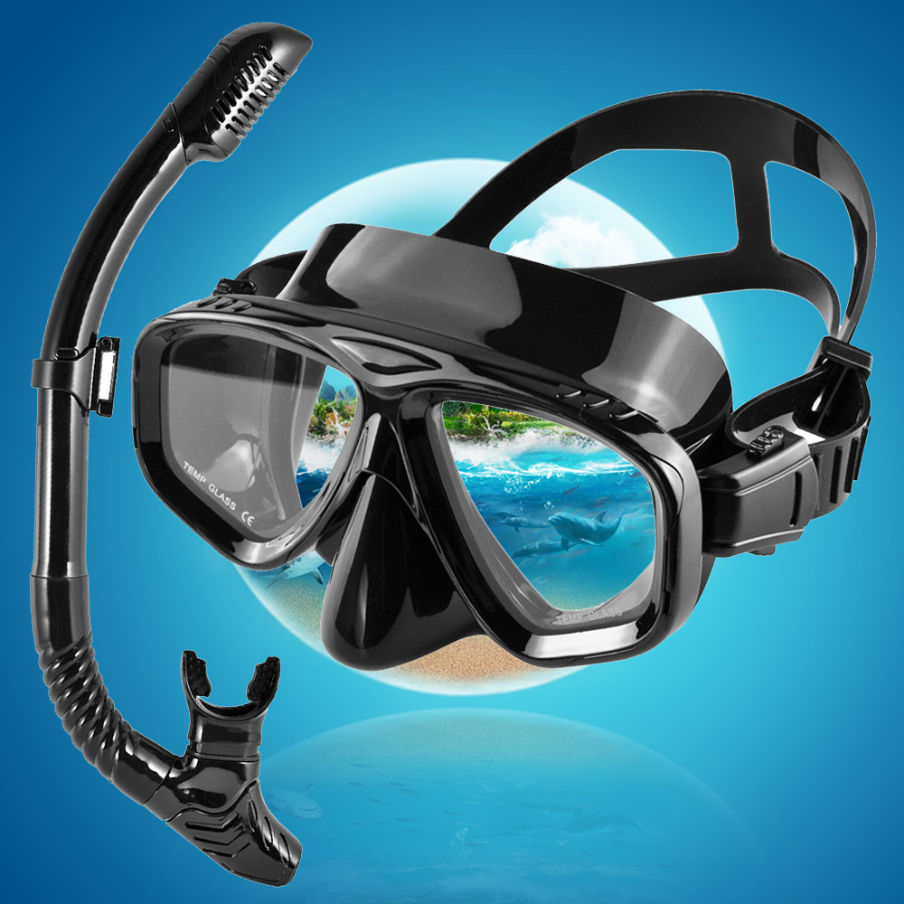 Freediving Mask Set - ドライシュノーケルダイビングマスクセット、プロのスキューバスイミングゴーグル、漏れ防止、防曇、ワイドビュー、強化ガラスレンズ、大人と若者
