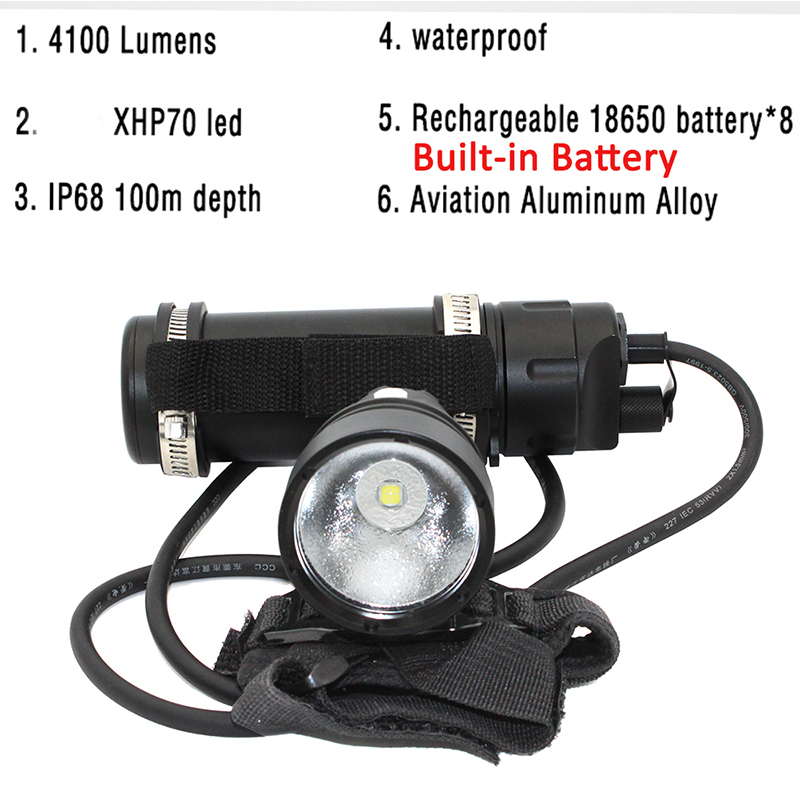 Underwater Flashlight - 水中LEDダイビング懐中電灯,防水,リチウム電池付き,ダイバーライト,スキューバダイビング用,最大70個のLED。