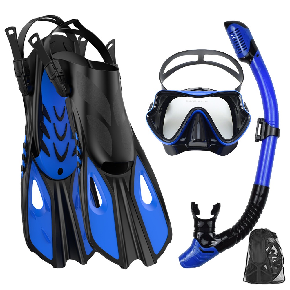 Freediving Mask Set - シュノーケリングセット ダイビングマスク＆シュノーケル 大人用フィン 調節可能なオープンヒールデザイン プロ仕様のフリースタイル水泳用